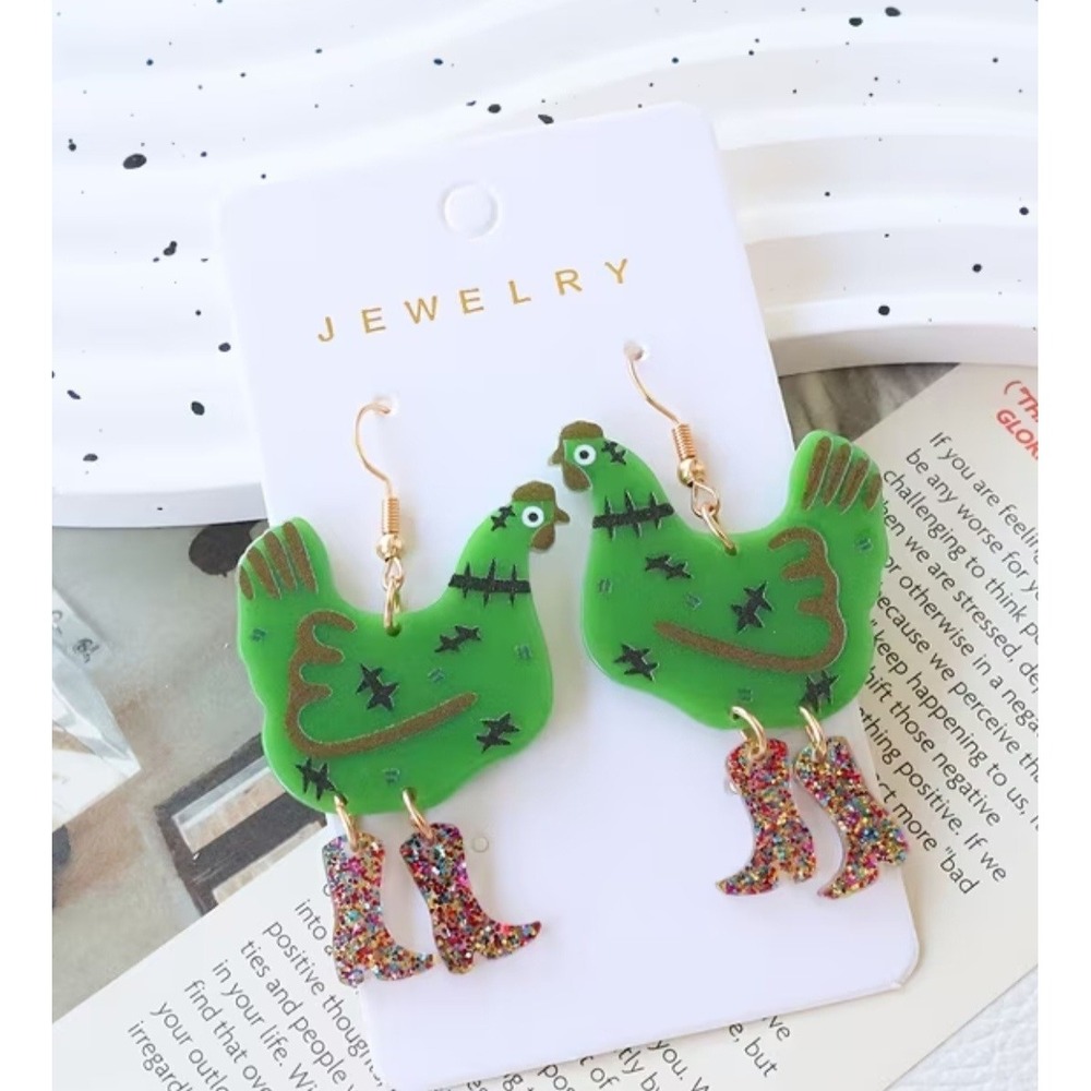 Chicken Frankenstein Earrings Halloween Glitter Cowboy Boots Western Dangle